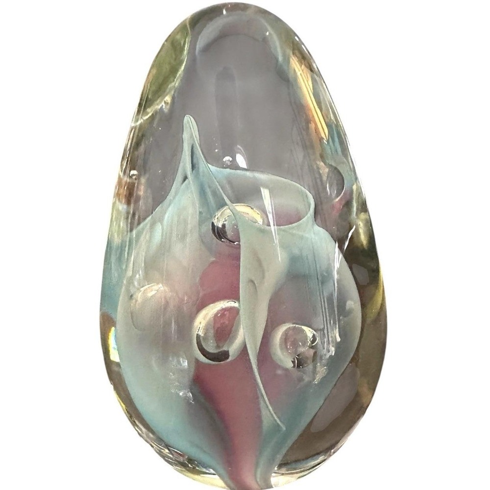 Art Glass Egg Paperweight Teal Pink Bubbles Murano Italy Handblown Vintage
